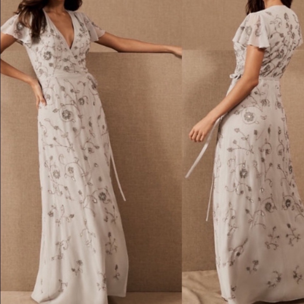 New BHLDN Plymouth 2 / XS Blue Gray Fog Embellished Embroidered Wrap Formal Gown